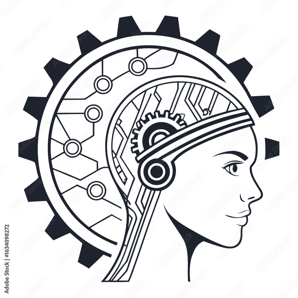 Poster artificial intelligence concept with gear and circuit isolated on white background