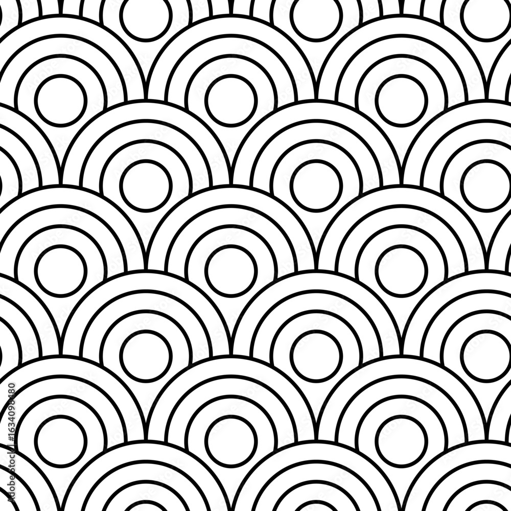 Poster repeating geometric pattern forming an optical illusion with concentric circles and semicircles, ide
