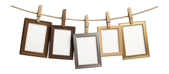 Five empty picture frames in various wood finishes hang from a clothesline using wooden clothespins on transparent background.