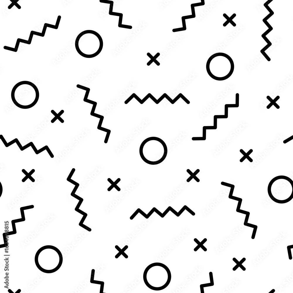 Poster seamless geometric pattern with circles and zigzags creating a memphis style background, ideal for t