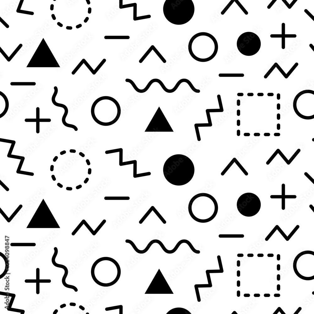 Poster seamless geometric pattern featuring various black shapes like triangles, circles, squares, plus sig