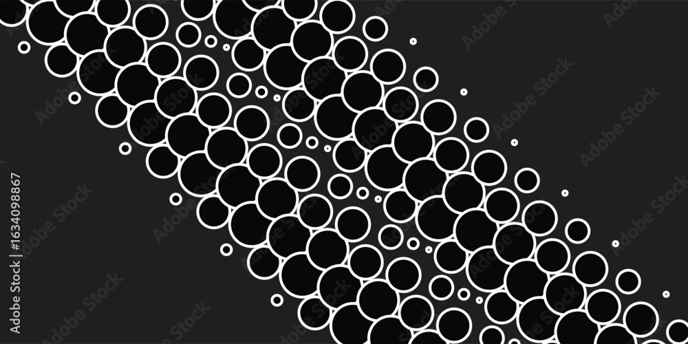 Poster diagonal circle pattern with bold black and white contrast. abstract bubble-like design on dark back