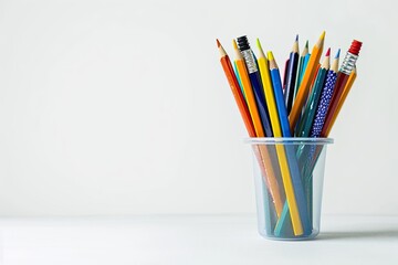 Back to School Concept Pencil, Pen and Supplies in Holder on White Background