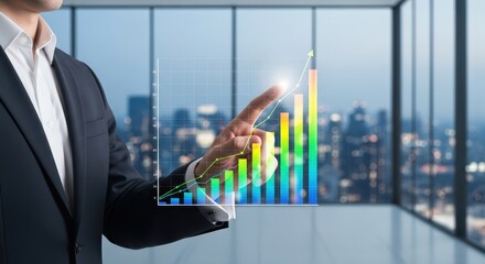 Businessman in a modern office pointing at a glowing virtual bar chart showing financial growth.