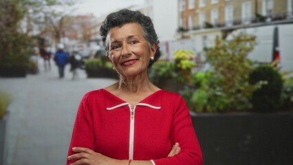 Senior woman with grey hair in red outfit smiling confidently with arms crossed on an urban street during daytime, surrounded by cityscape and greenery.