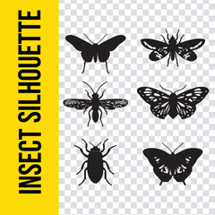 Insect Silhouettes on White Background ,Ant, Bee, Butterfly, Wasp, Ladybug, Beetle, Dragonfly