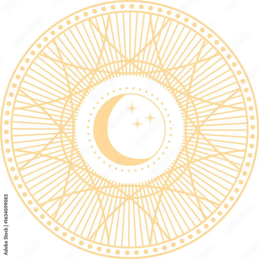 Poster golden crescent moon with three stars centered within an elaborate circular frame, forming a celesti
