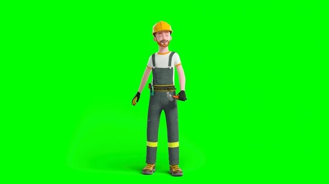 3D Animated Construction Worker Wearing Helmet and Gloves Carrying Piler Tools Around His Waist Waving With Hammer Smiling. Green Screen.