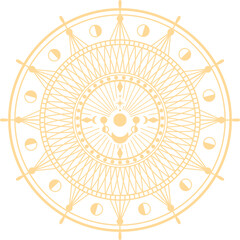 Intricate golden mandala featuring celestial elements like sun, moon, and stars, creating a mystical and esoteric atmosphere with radiating cosmic energy