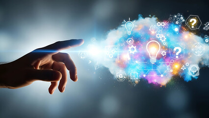 A hand reaching towards a cloud of lightbulbs question marks and connected network icons on a dark background