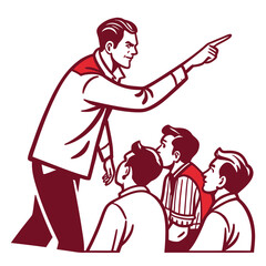A vintage illustration of a man pointing, leading a group with strong direction