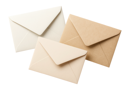 Three different colored envelopes arranged in an overlapping pattern on transparent background.