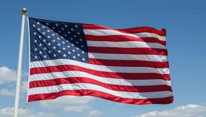 Obraz premium American flag waving proudly in the wind against a bright blue sky with fluffy white clouds, patriotic symbol of the USA