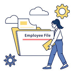 Woman carrying an employee file folder with clouds and a gear isolated on white background