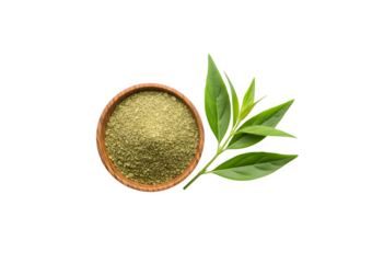 A close-up of dry Andrographis paniculata leaf powder in a wooden bowl, alongside fresh paniculata leaves, all set against a white background. Top view. Flat lay.