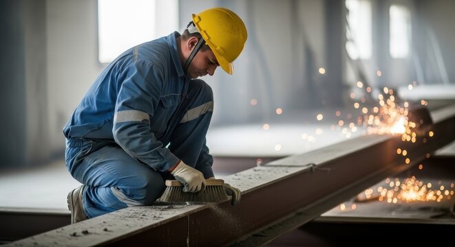 Skilled construction worker diligently cleans a robust metal beam on an active industrial site, ensuring safety and precision in the building process.