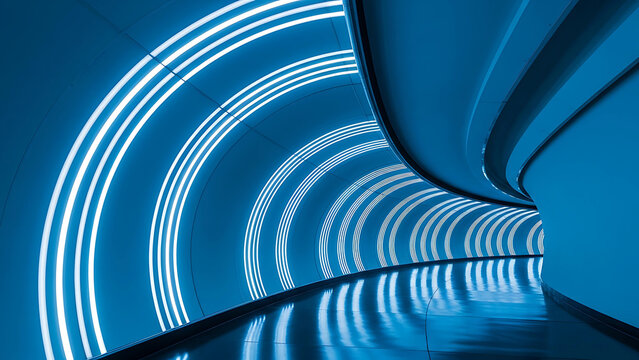 A futuristic blue tunnel with glowing white lines forming circular patterns along the walls and ceiling - Powered by Adobe