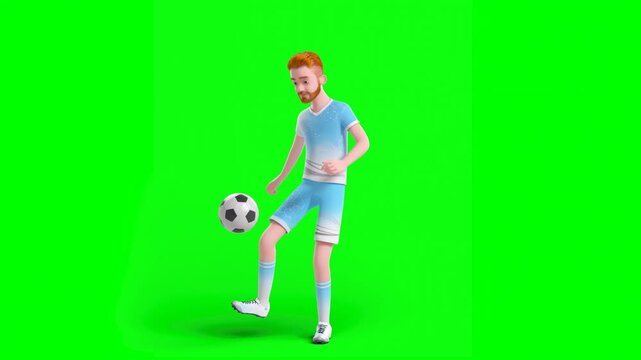 3D Animated Football Player Demonstrates Ball Control Techniques of Footwork, Show Stunt Skills and Balance Standing on Green Background.