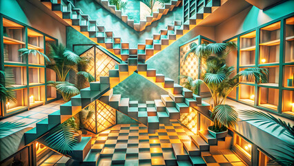 Futuristic Surreal Interior with Geometric Staircase and Dreamlike Lighting Ambience