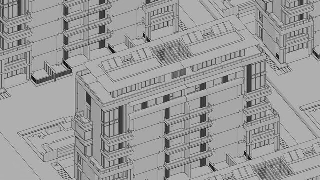 Animation of a Generic Apartment Building with solar panels on top, Seamless Looped Animation, 3D Linework rendering