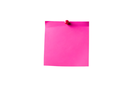 A single bright pink sticky note with a red pushpin, isolated on a transparent background