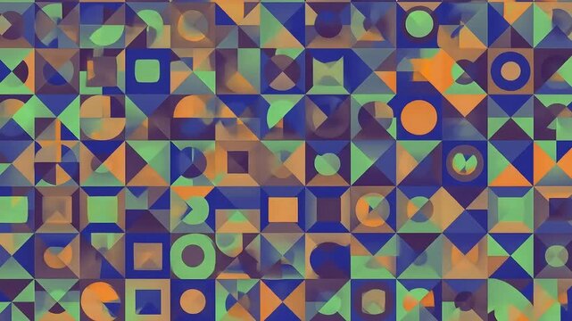 Geometric pattern with triangles squares and circles in blue and orange