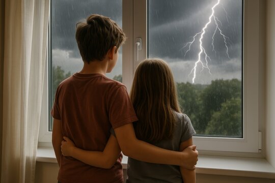 Siblings watch a storm from their home window during a thunderstorm in the early evening hours