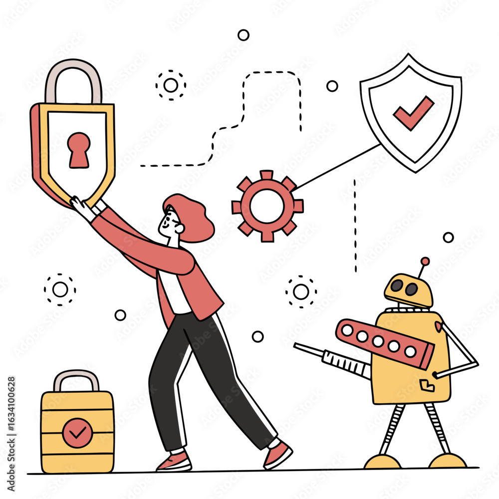 Poster person and robot securing digital information with locks and shield isolated on transparent backgrou
