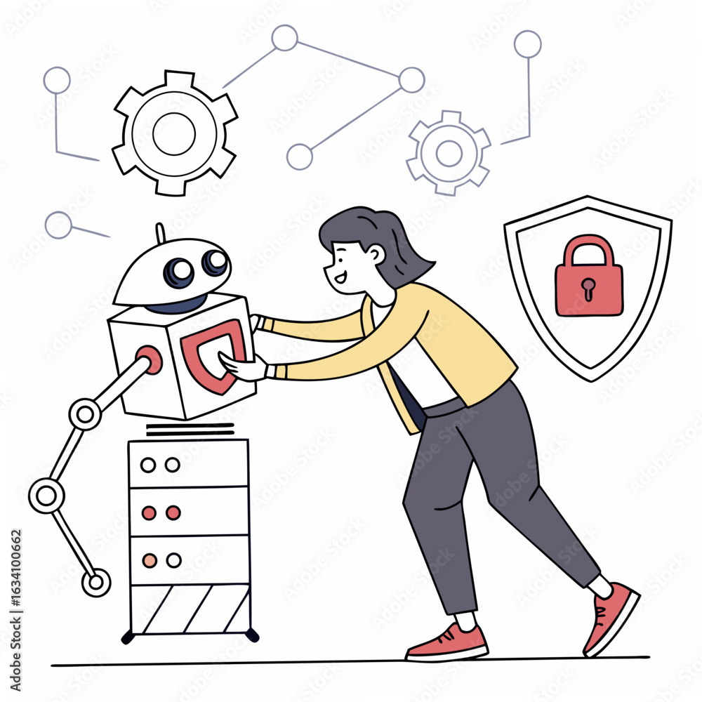 Poster woman interacting with a robot and security shield isolated on transparent background