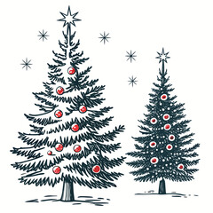 Christmas trees with stars and ornaments isolated on white background design