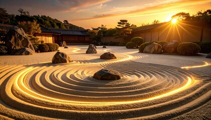 Golden Sand Zen Garden at Sunset