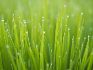 Obraz premium Close up of vibrant green grass blades covered in sparkling dew drops on a soft focus background
