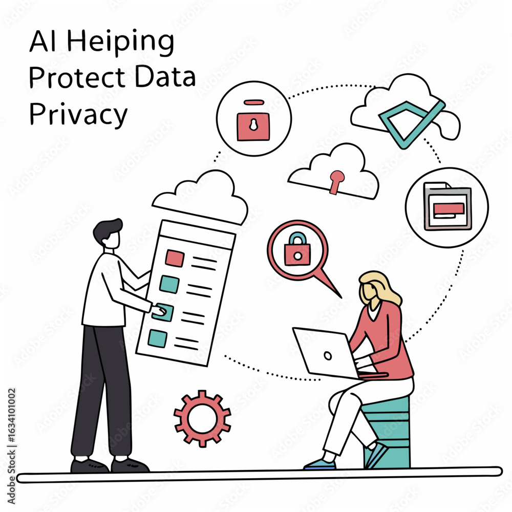 Poster ai technology protecting data privacy with cloud security and personal data management isolated on t