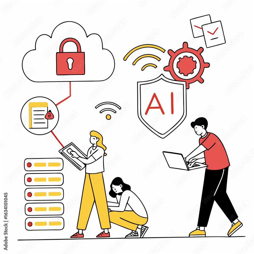Aufkleber team working on ai security and cloud data protection isolated on transparent background
