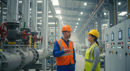 Two industrial engineers in safety vests and hard hats discussing operations in a modern factory hall near pipes and control panels