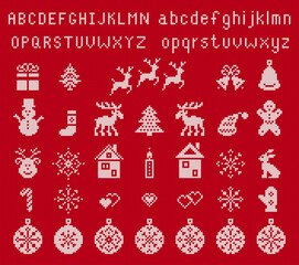 Christmas pattern with snowman, house, gift box, snowflake, trees, Knit seamless ornament. Fair isle festive Xmas ugly elements. Sweater xmas border. Knitted print. Vector illustration