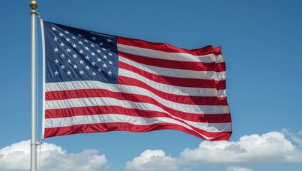 Fototapeta premium American flag waving proudly against a clear blue sky with fluffy clouds, symbolizing freedom, patriotism, and national pride for Fourth of July celebrations