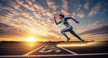 A determined female athlete sprints forward from the 2027 starting line, her path illuminated by a brilliant sunrise and radiating energy