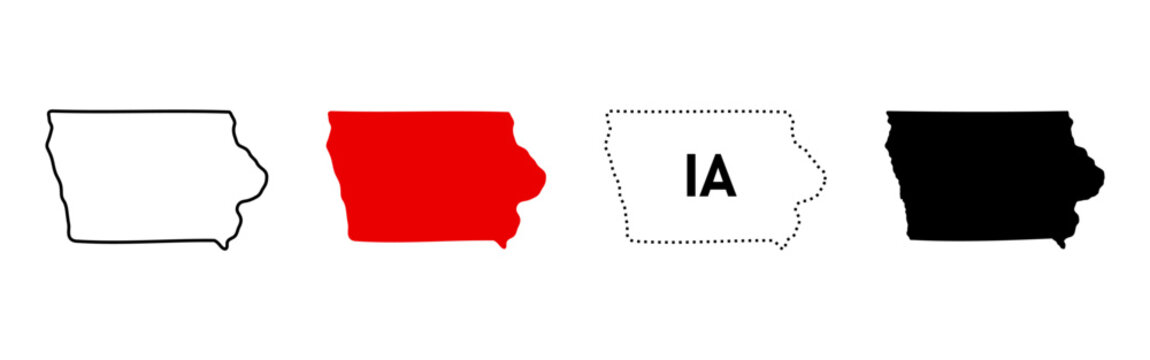 Iowa state map icon set. US state silhouette in outline, filled, dotted and labeled styles sign. State border and location symbol. American geography pictogram. Regional identity illustration.