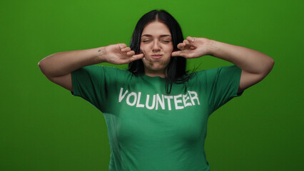 Fototapeta premium Woman posing playfully in green volunteer shirt against isolated green background, embodying curvy and youthful spirit in a casual and friendly manner.