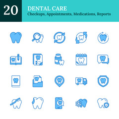 Dental Care Blue Fill Outline Icon Sheet Design Vector - cleaning, tooth replacement, dental protection, appointments, medications, reports, and mobile dental services
