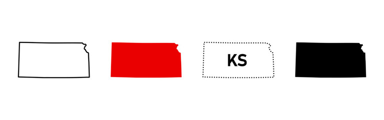 Kansas state map icon set. US state silhouette in outline, filled, dotted and labeled styles sign. State border and location symbol. American geography pictogram. Regional identity illustration.
