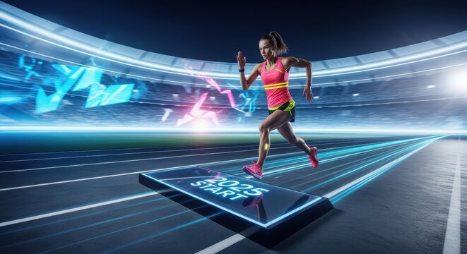 A female athlete in vibrant athletic wear begins a race on a futuristic digital track, illuminated by neon lights - Powered by Adobe