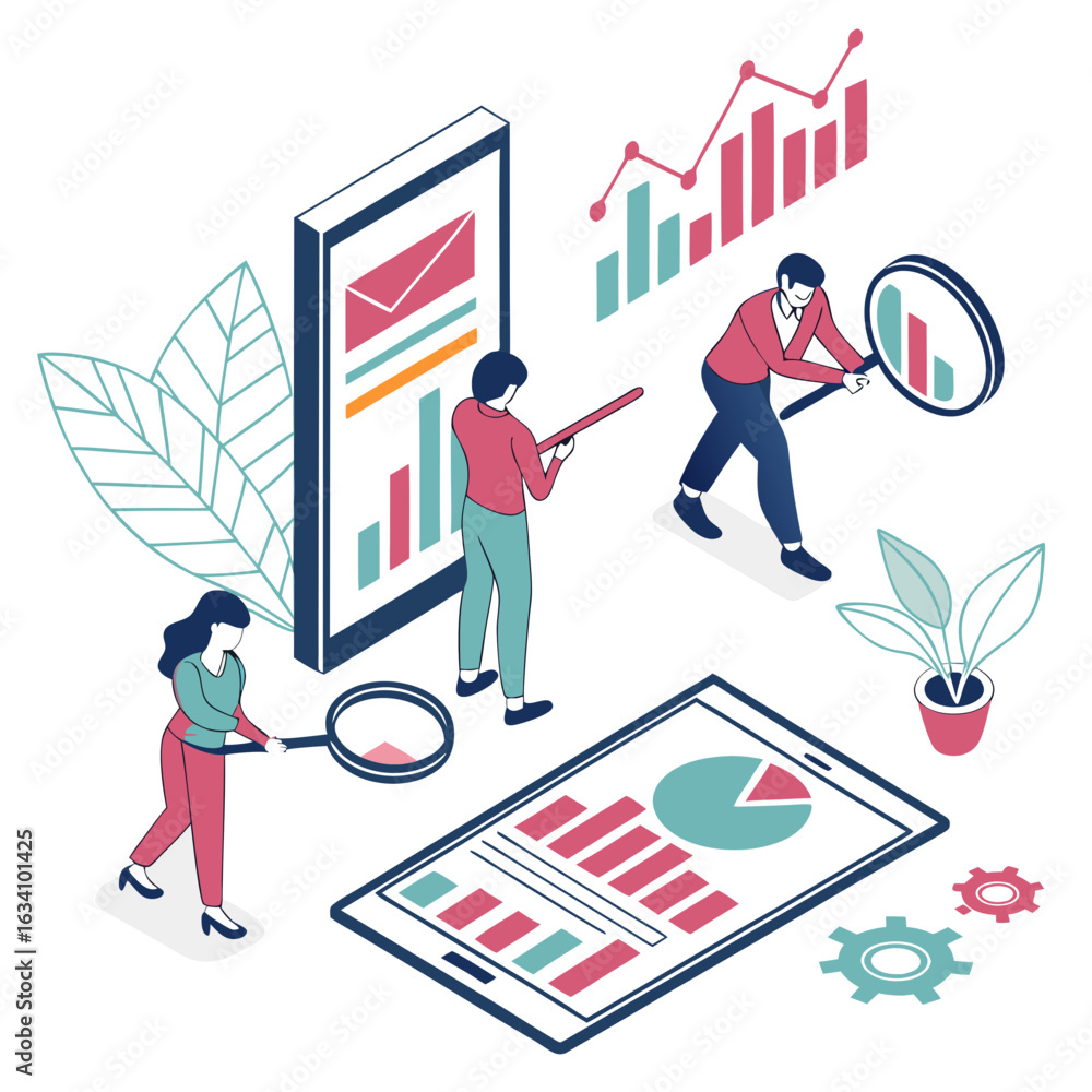 Aufkleber business analytics team examining charts and graphs on devices isolated on transparent background
