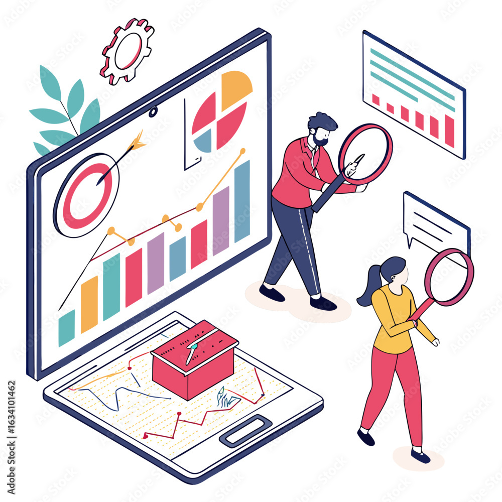Poster business analytics and data research with people examining charts and graphs isolated on transparent