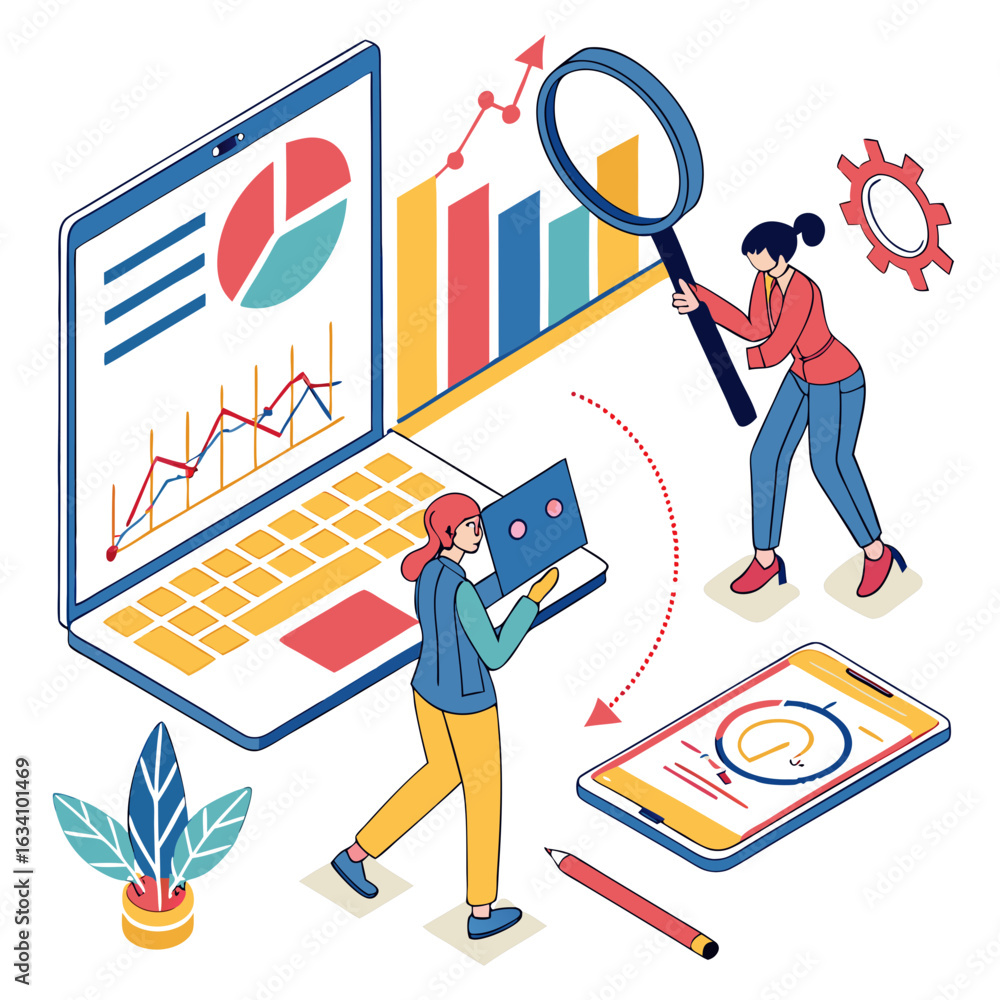 Aufkleber business analytics and data visualization with people and technology isolated on transparent backgro