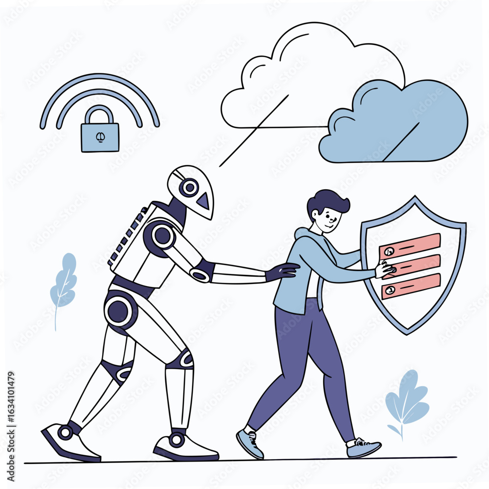 Poster robot assisting human with cybersecurity shield and cloud data protection isolated on transparent ba
