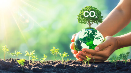 A digital illustration of hands cradling a transparent globe with a CO2 molecule symbol on top.