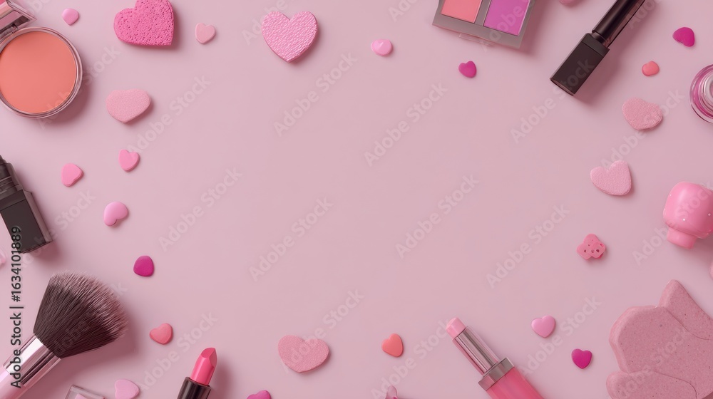 Poster flat lay of beauty items and hearts arranged in pink theme with empty center for personalized text o