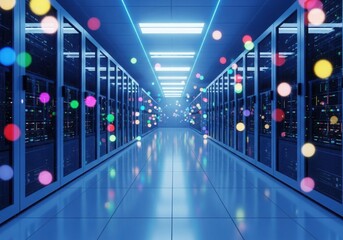 Futuristic data center aisle with glowing server racks and colorful bokeh lights creating a digital atmosphere
